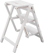 3-Step Ladder Chair Folding Step Stool Chair 22.44" L x 16.33" W x 25.6" H 220 LBS Load Capacity White Pinewood Counter Chairs for Kitchen Bedroom Living Room Warehouse, Space Saving