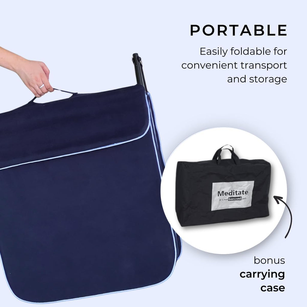 Friends Of Meditation Extra Large Meditation Chair | Floor Chair with Back Support | Yoga Chairs for Adults | Portable Folding Chair | Yoga Chair with Cushion & Meditation Block | Navy Blue | 24x22 in