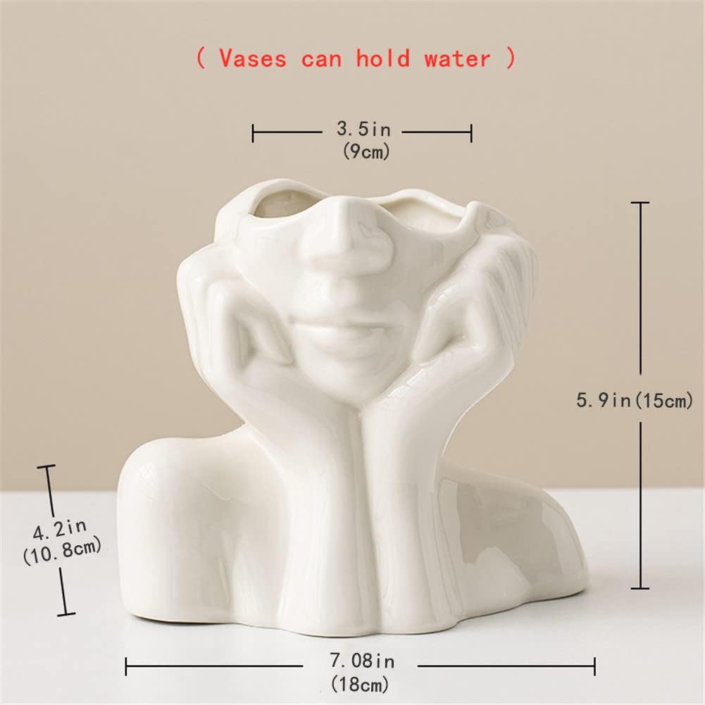 Large Ceramic Face Vase, White Flower Vases for Decor Female Form Head Half Body Vase Boho Unique Decorative Modern Style for Home Living Room Office Book Shelf (Large)