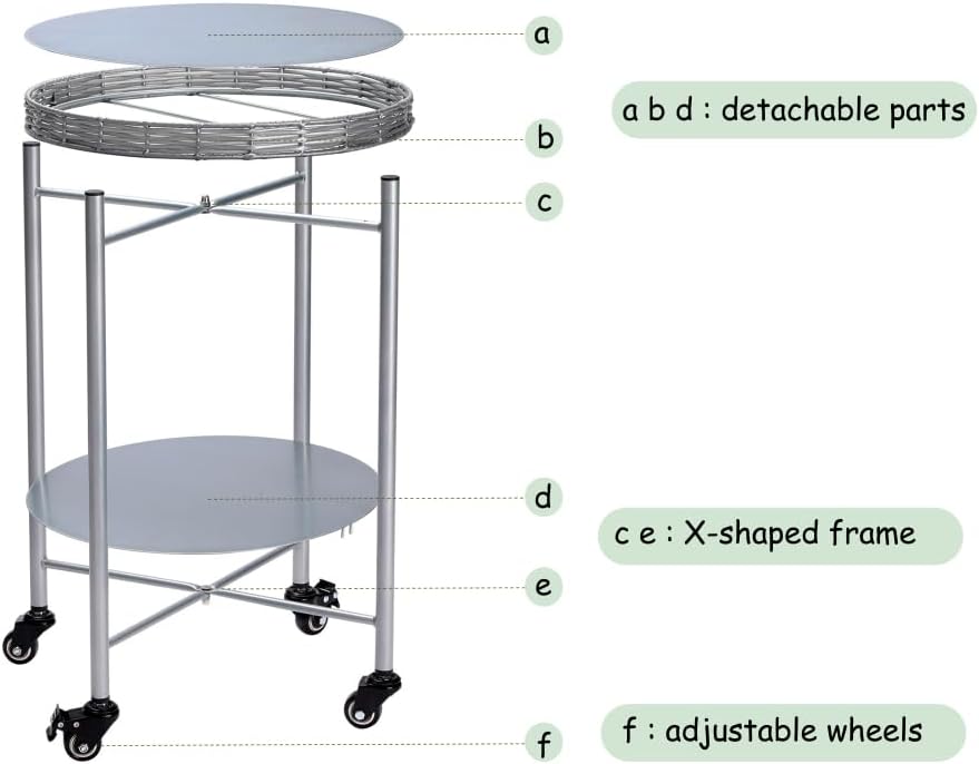 2-Tier Round Rolling Side Table, Silver Gray Metal Frame, 15.75 inch Diameter, Mobile End Table with Wheels for Living Room, Bedroom