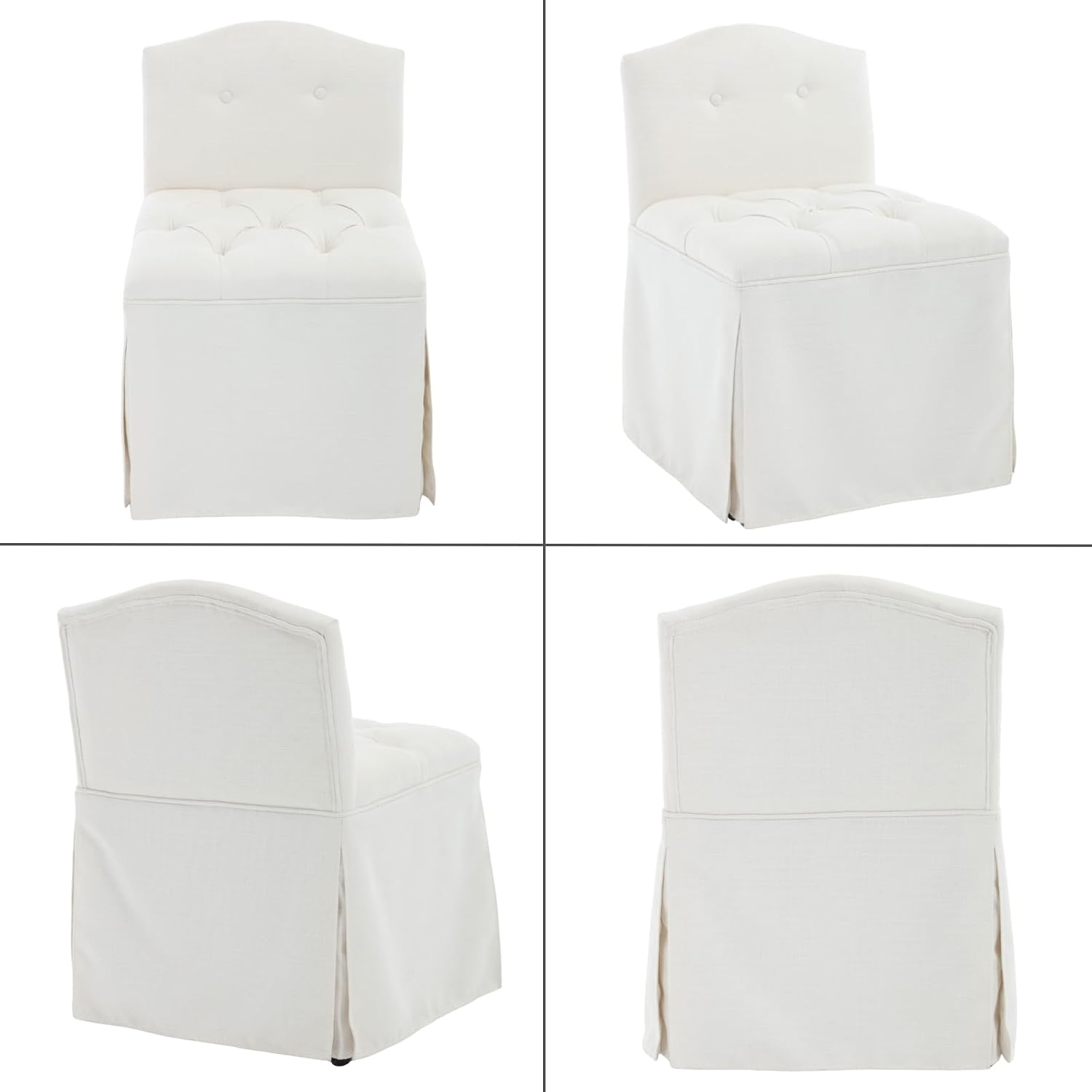 White Tufted Makeup Vanity Chair with Wheels, Small Upholstered Skirted Slipper Accent Chair with Low Back & Metal Legs, Armless Rolling Vanity Stool Desk Chair for Living Room Bedroom