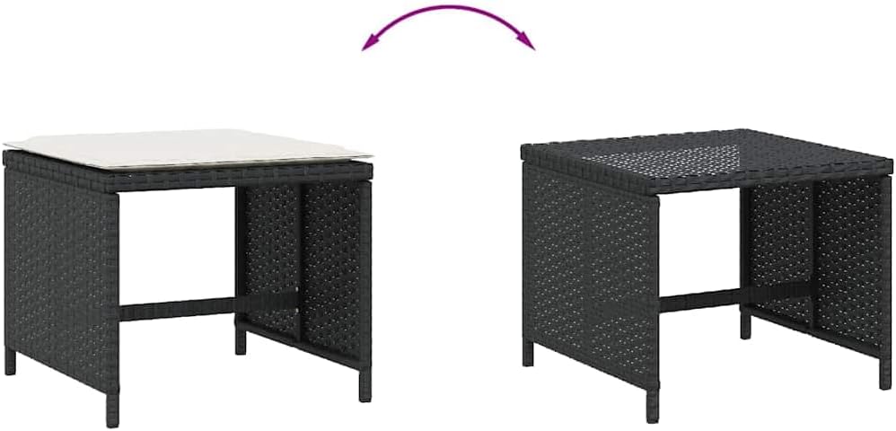 4-Piece Garden Stool Set with Cushions, Black and Cream, Square Outdoor Stools with Removable Polyester Cushions, Metal Frame and PE Rattan, 242.5 lbs Capacity per Stool for Patio