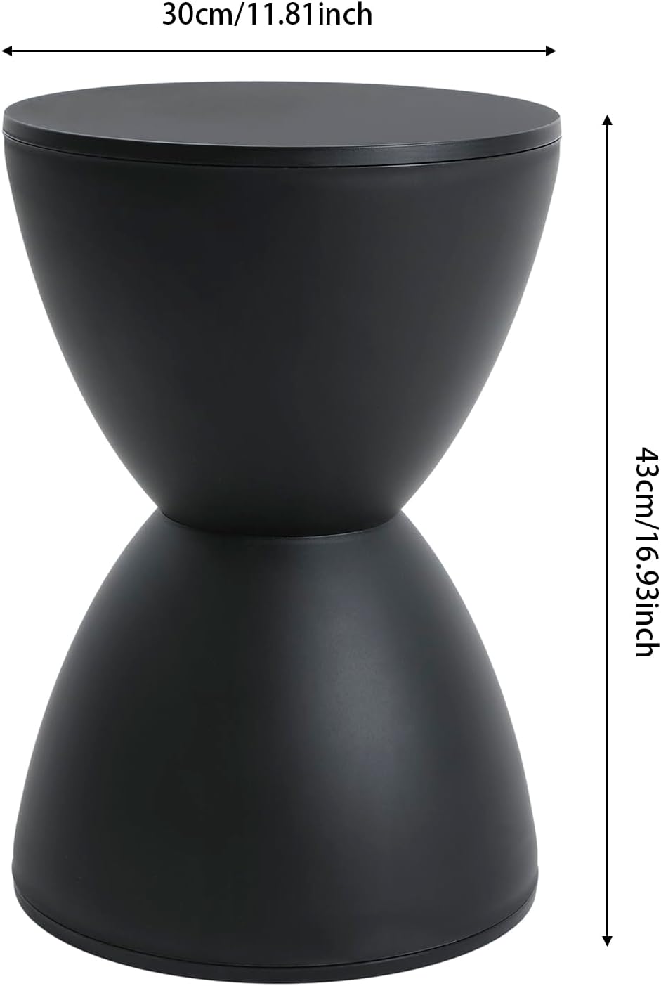 Sallie Indoor/Outdoor Stool or End Table, 16.93" H x 11.81" W, Drum Side Table, Plastic Hourglass Modern End T-able, Round Stool Side Table, for Patio, Balcony, Poolside, Entryway (Black)