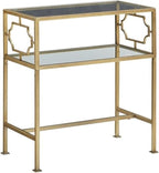 Pemberly Row Rectangular Accent Table, Antique Gold Metal Frame and Clear Tempered Glass, 23.38" W x 13.38" D x 26" H, 2-Tier Design with H-Style Stretcher, Modern Table for Living Room or Entryway