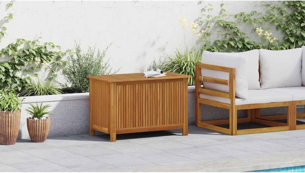 Solid Acacia Wood Patio Storage Box with Waterproof Bag, Outdoor Garden Storage Bench for Cushions, Tools, and Toys, Rustic Style