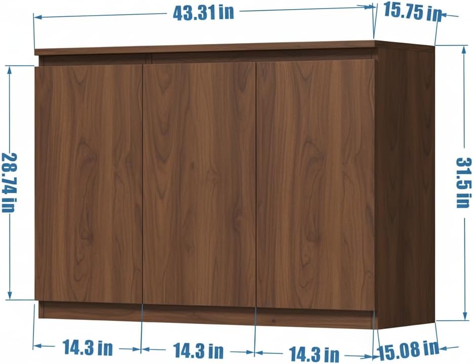 holzart 43" Walnut Brown Buffet Cabinet Sideboard with Storage - Modern 3-Door Wood Grain Kitchen Cupboard & Coffee Bar Station for Dining Room, Living Room - Adjustable Shelf, 43.3" W x 31.5" H