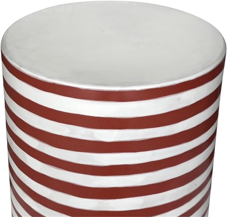 Pemberly Row Contemporary Accent Ceramic Side Table, 13"W x 13"D x 17.5"H, Handcrafted and Painted Ceramic, Textured Red Stripe Design, Artisanal Finish, Versatile Use for Living Room, Patio, Bedroom