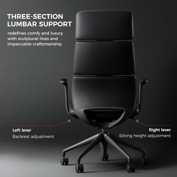 TOMU Executive Leather Office Chair, Top Grain Genuine Leather Executive Chair High Back with headrest, Adjustable Tilt & Height, Ergonomic Swivel Chair with Wheels (Black)
