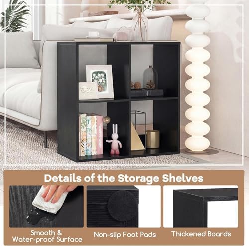 POWERSTONE 4 Cube Storage Organizer, 2 Tier Cubby Bookshelf Freestanding Bookcase w/Back Guardrail, Open Back Display Rack for Living Room, Bedroom, Study, Black