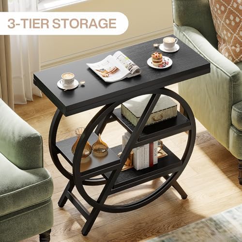 Tribesigns End Table for Living Room, 3-Tier Narrow Side Table with Storage, Wood Sofa Side Table with Geometric Metal Frame, Industrial Nightstand and Bedside Table for Bedroom, Black