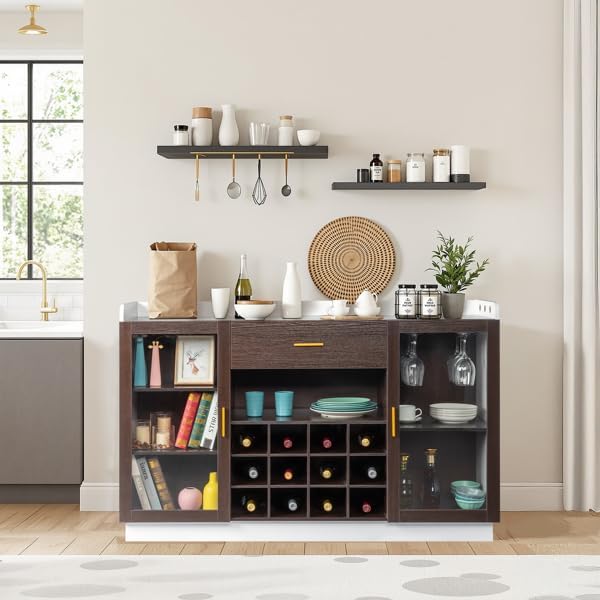 Farmhouse Wines Bar Cabinet Kitchen Coffee Bar Cabinet, Wine Bottle Rack Cabinet 12-Bottle Wine Rack Sideboard - Wines Storage for Bar, Pantry, Storage Shelves,Buffet Sideboard for Dining Room