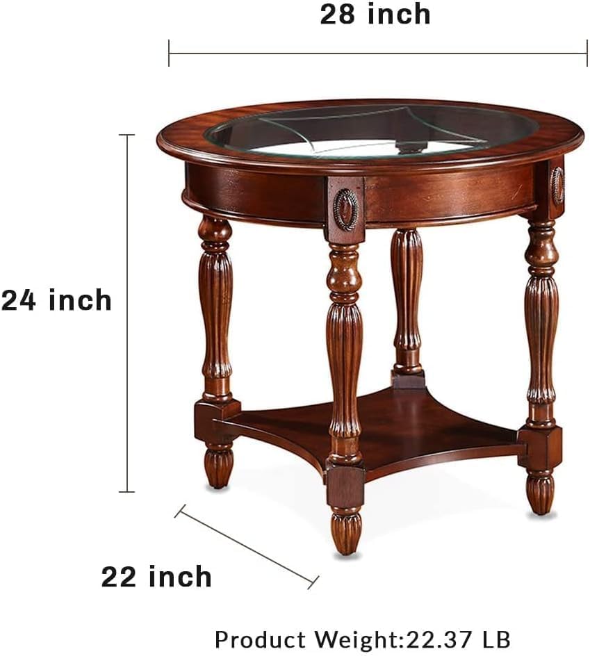Traditional Solid Wood Oval End Table with Tempered Glass Top. Side Table for Living Room,Bedroom