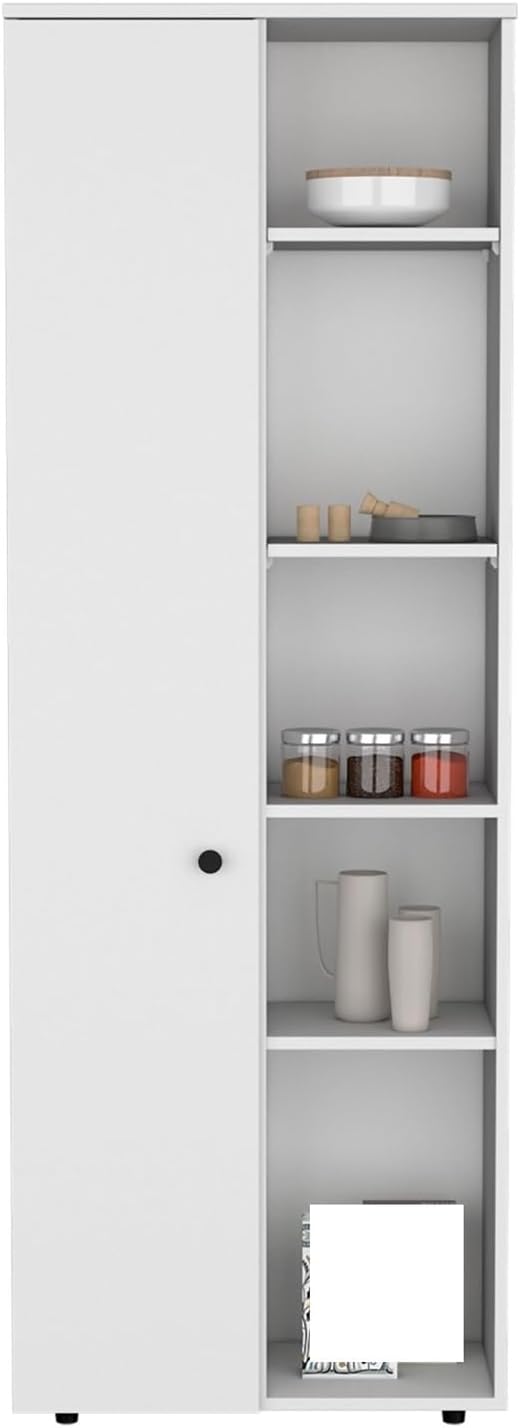 67" H Kitchen Storage Cabinet with One Door, Five Interior Shelves and Five Exterior Shelves,White,for Kitchen