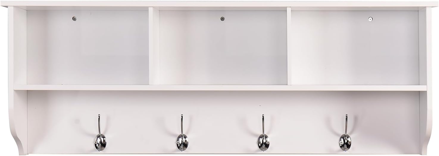 38.6" Contemporary Wall Mounted Coat Rack with Shelf, Entryway Hanging Coat Rack with 3 Shelves, Wall Shelf with 4 Dual Hooks for Hallway, Living Room, Bedroom (White)