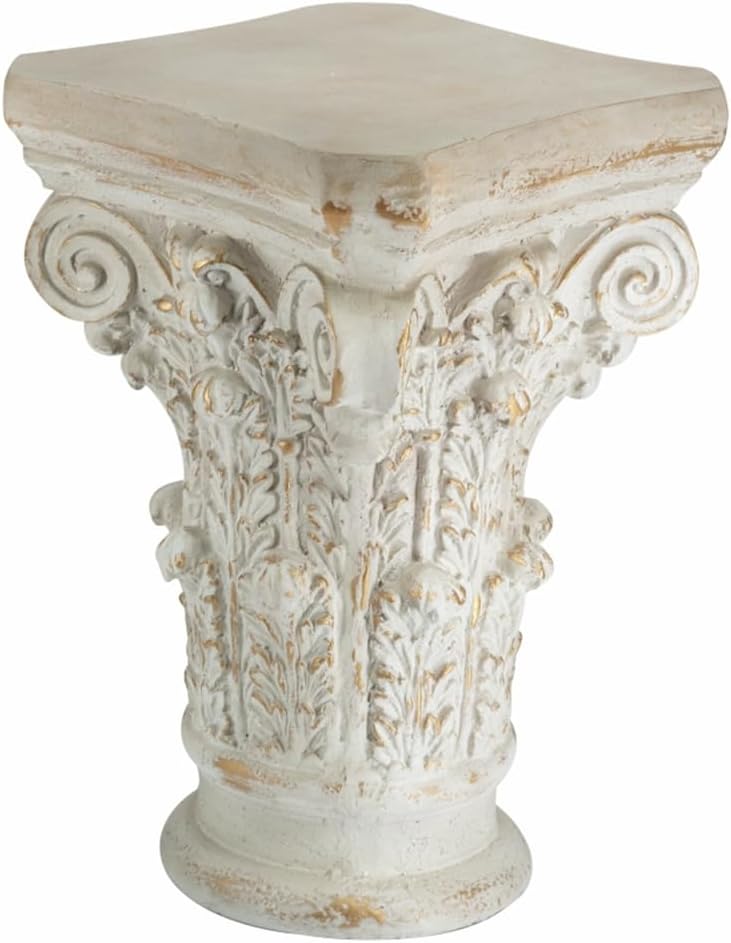 Small Side Table for Living Room, Farmhouse Rustic French Country MGO Pedestal Stand Ornate with Scrollwork Design and Gold Accents, Square Distressed Display Stand White 16x16x24.5
