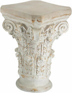 Small Side Table for Living Room, Farmhouse Rustic French Country MGO Pedestal Stand Ornate with Scrollwork Design and Gold Accents, Square Distressed Display Stand White 16x16x24.5