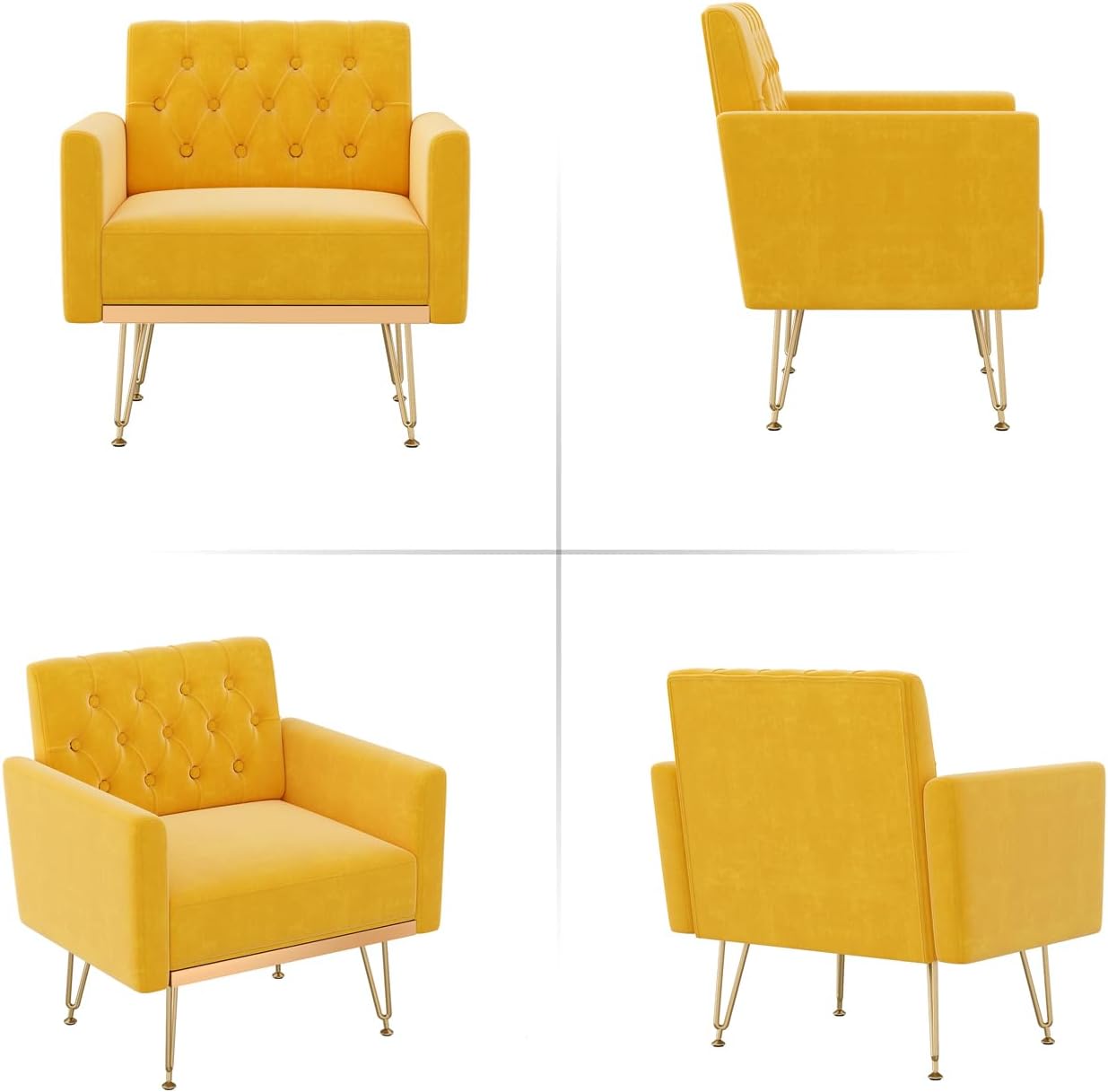 Olela Velvet Accent Chair with Arm for Living Room,Modern Armchair Single Sofa Cozy Tufted Upholstered Reading Side Chairs with Gold Metal Leg for Bedroom Decorate(1, Mustard Yellow)