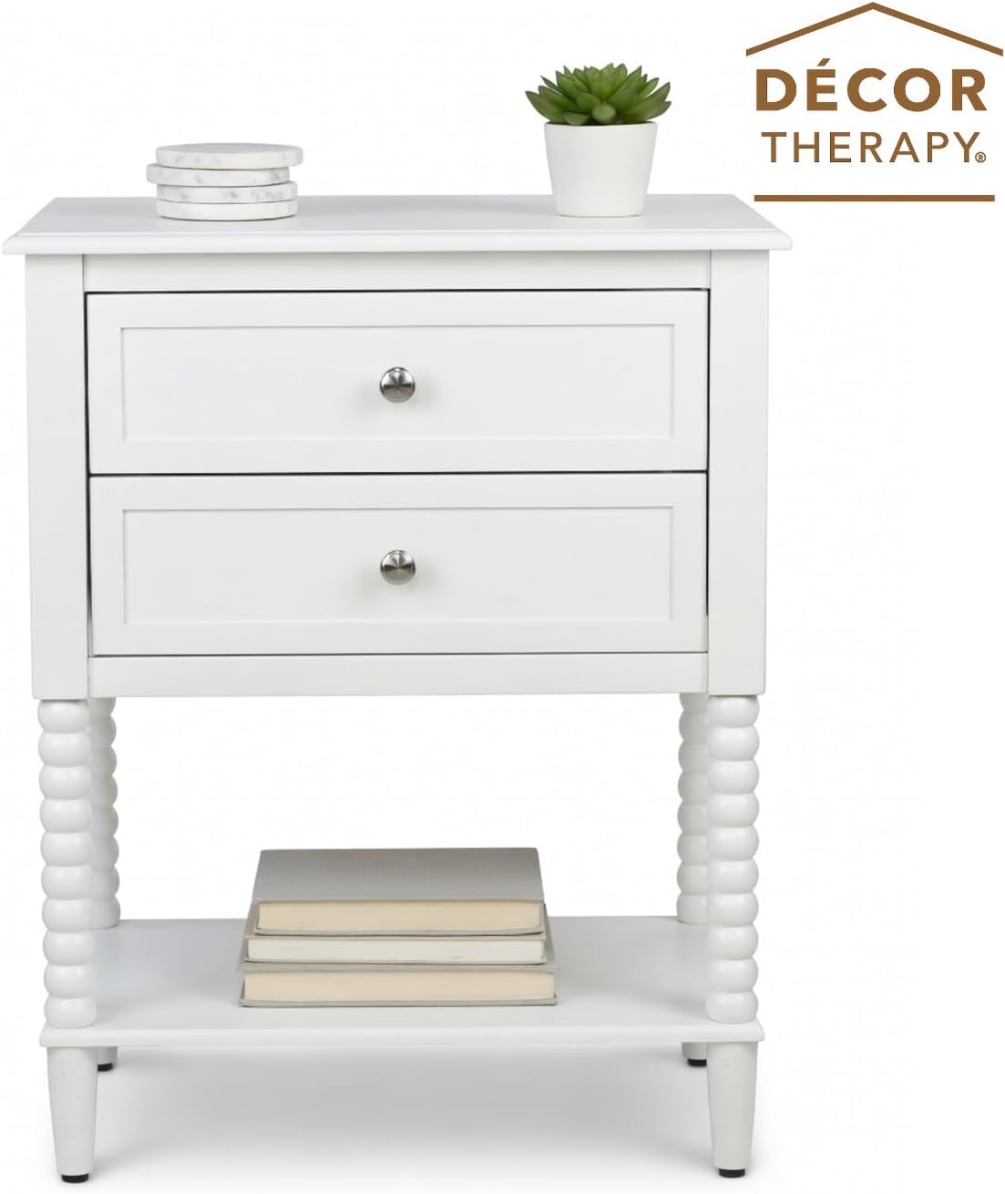 Decor Therapy Preston Two Drawer Side Table, Traditional Side Table with Dual Storage Drawers and Lower Shelf, Classic End Table or Bedside Table for Living Room or Bedroom, White