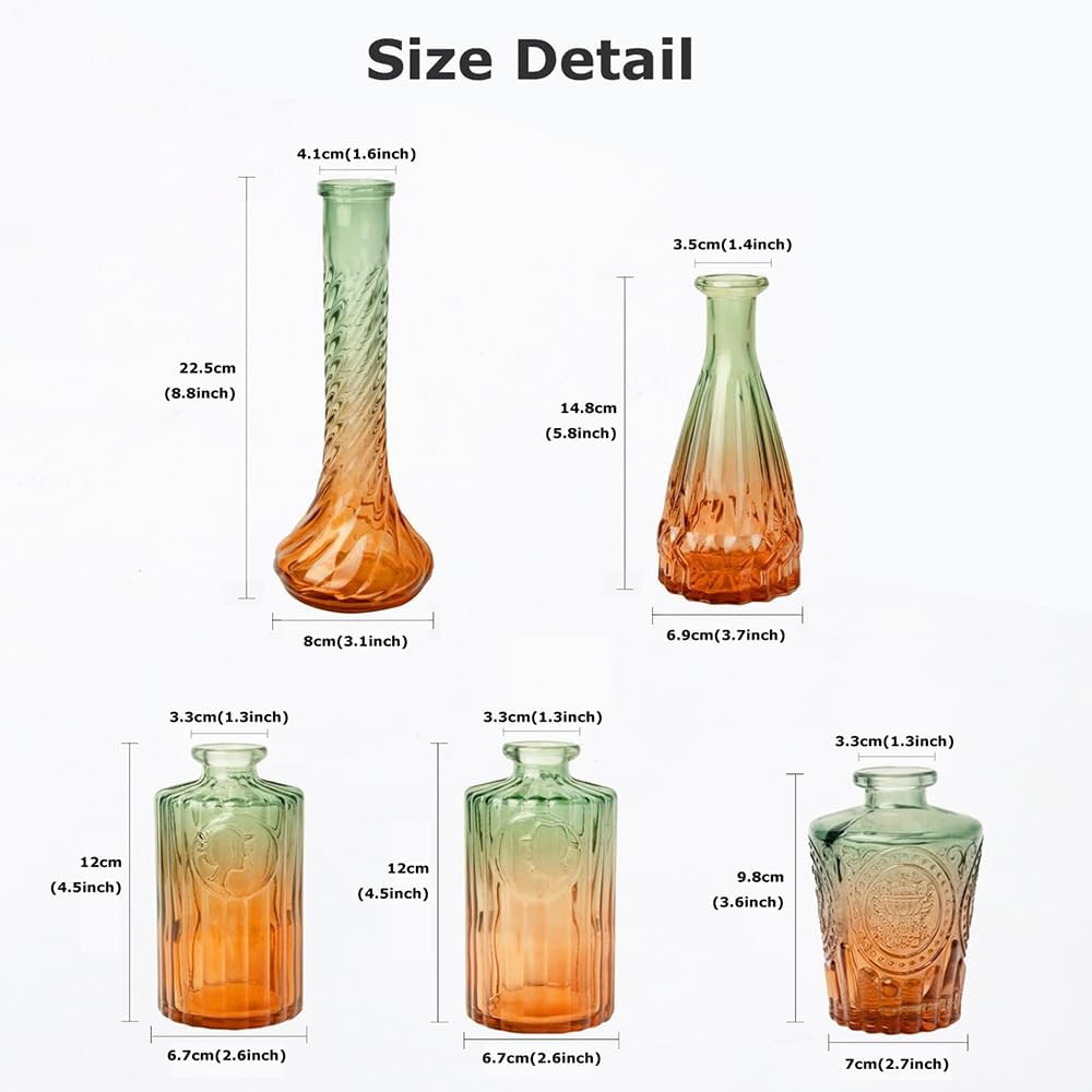 Glass Bud Vases Set of 5, Decorative Glass Bottles, Retro Gradient Color | Mini Vases for Tabletop Centrepiece Decor, Wedding Party Reception, Home Dining, Cafe, Restaurant(Orange to Green)