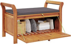 Solid Acacia Wood Patio Storage Bench with Cushion, 35.8 Inch Outdoor Bench for Garden, Curved Arms, Ample Storage for Pillows and Blankets
