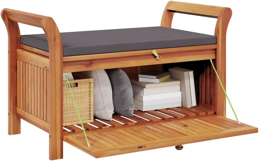 Solid Wood Acacia Patio Storage Bench with Cushion, 35.8 Inch Curved Arm Storage Bench for Garden Cushions and Pillows