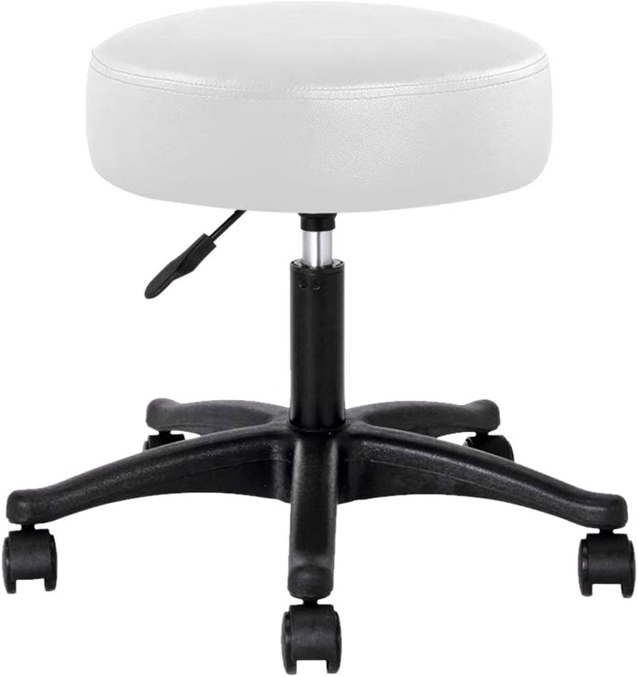 BAKAJI White Faux Leather Round Stool, 34cm Seat, 45-57cm Height