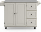 53.5" Kitchen Island Cart with Storage, Rolling Kitchen Cart on Wheels with Stainless Steel Top, Mobile Prep Station with Drawers, Cabinets, Adjustable Shelves & Towel Rack, Solid Wood, Off White