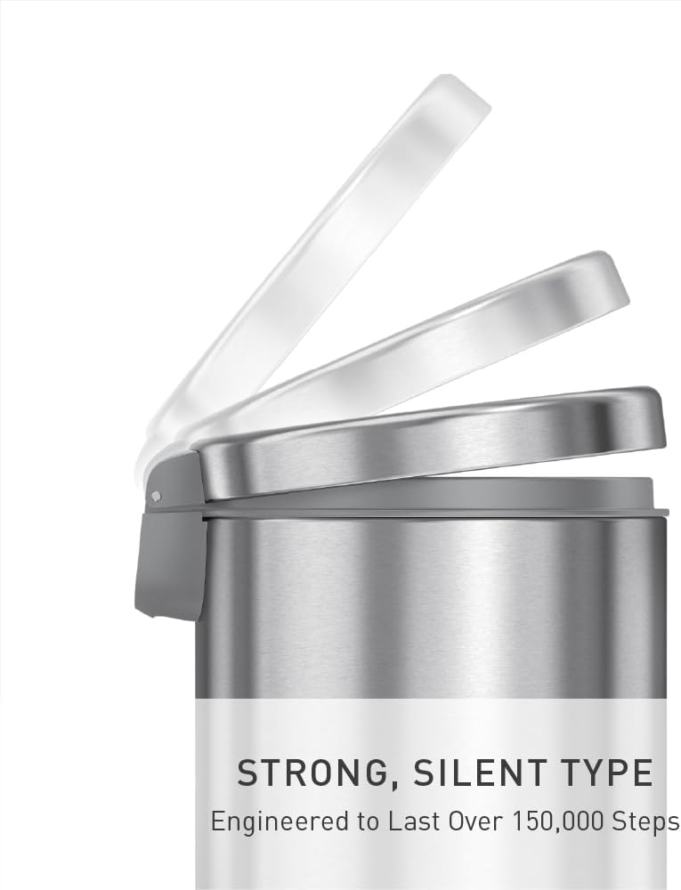 simplehuman Round Step Can, 4.5L / 1.2 Gallon Compact Bathroom Trash Can, 150,000-Step Pedal, Lid Shox® Silent Close, Removable Inner Bucket, Brushed Stainless Steel