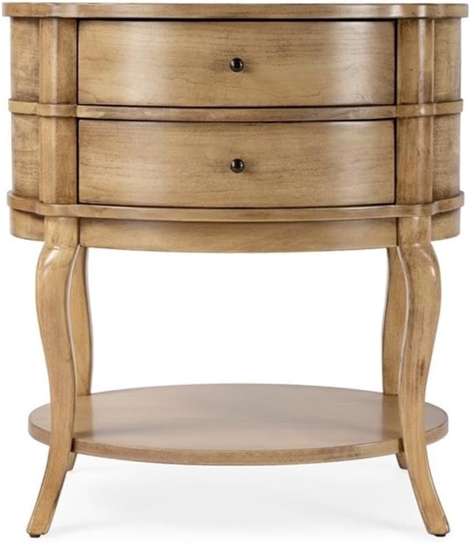 Beaumont Lane Oval 2-Drawer Side Table, Antique Beige Finish, Poplar Hardwood and Cherry Veneer, 24" W x 18" D x 26" H, Transitional Style Bedside or Chairside Table with Lower Shelf for Storage
