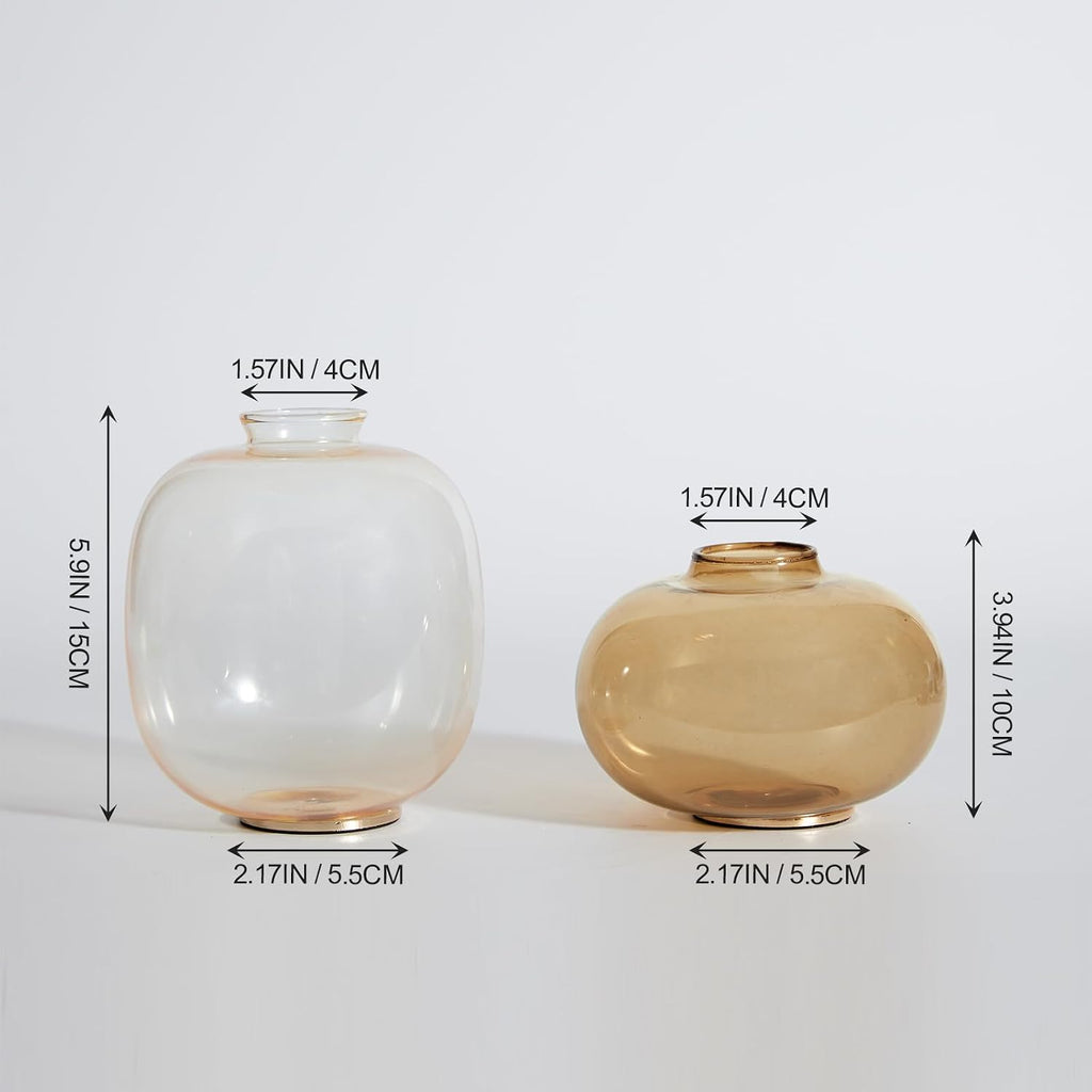 DN DECONATION Amber Bud Vases Set of 2, Small Round Brown Glass Flower Vases with Gold Non-Slip Base for Centerpieces Dining Table Decor Bookshelf Bedside Table Housewarming Gift Tulip Fall