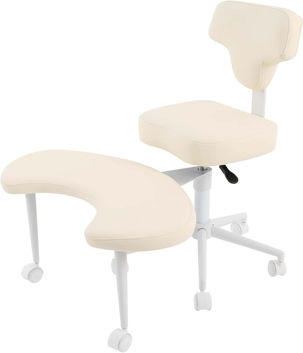 Ergonomic Cross Legged Chair, 360° Swivel Meditation Chair with Adjustable Height 30.31-34.64in & Movable Footstool, Versatile Kneeling Chair for Office Home Yoga, Max Load 286.6lbs, Beige PU