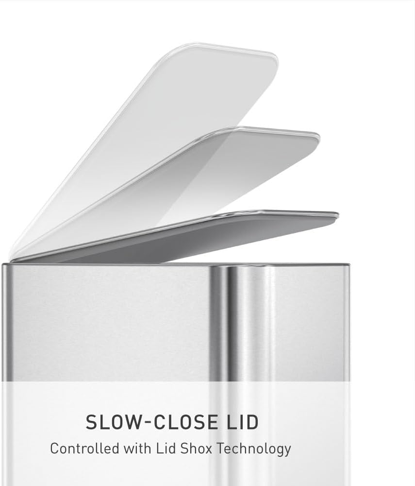 simplehuman Slim Step Can, 5L / 1.3 Gallon Compact Bathroom Trash Can, Liner Pocket®, Sleek Internal Hinge, 150,000-Step All-Steel Pedal, Lid Shox® Silent Close, Brushed Stainless Steel
