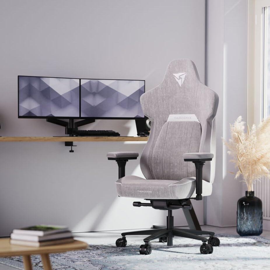 THUNDERX3 CORE Gaming Chair, for Adults Ergonomic Office Chair, High Back Desk Chair, Synchronous Tilt, Forward Tilt, 360° Self-adjusting Lumbar Support, Multipurpose Footrest, Fabric, Loft Light Grey