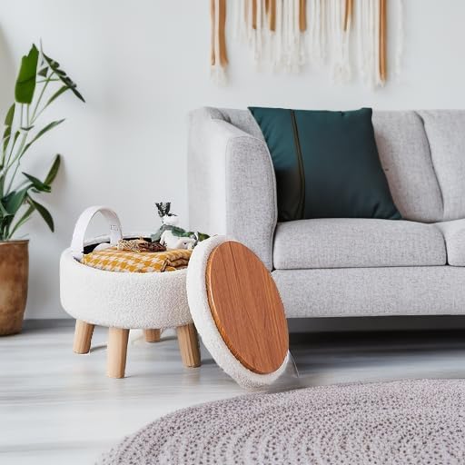Wimarsbon Storage Ottoman, Modern Round Footrest with Soft Padded Seat, Teddy Velvet Footstool with Wood Legs, Accent Small Table or Plant Stand for Hallway, Living Room (Cream)