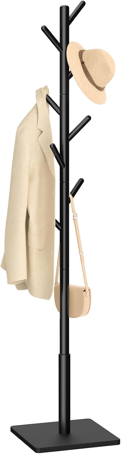 Yawinhe Metal Side Table,Small End Table with 2-Tier Storage Shelves,Coat Rack,Sturdy Wooden Stand Tree with 8 Hooks
