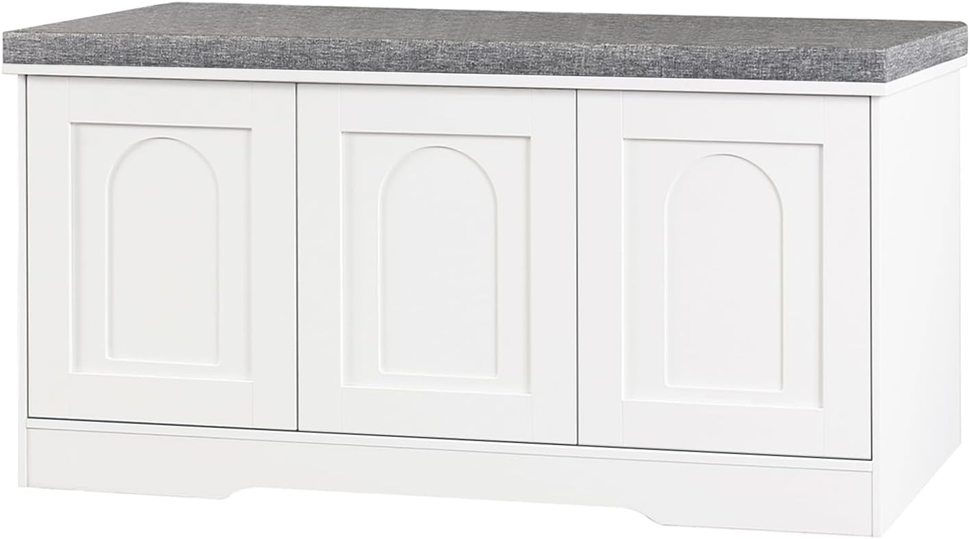 DINZI LVJ Shoe Bench, Entryway Storage Bench with Doors, Cushion, 3-Tier Shoe Rack with 9-Cubby, 39.4" L x 13.8" W Shoe Organizer Cabinet, Fully Adjustable Shelves, Living Room, Bedroom, White