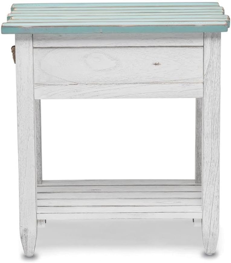 Pemberly Row Contemporary Wood Chairside Table, 25" H x 14" W x 23" D, Mindi and White Cedar, White/Blue Finish, 1 Drawer with Rope Ring Pulls, Coastal Style End Table for Living Room or Bedroom