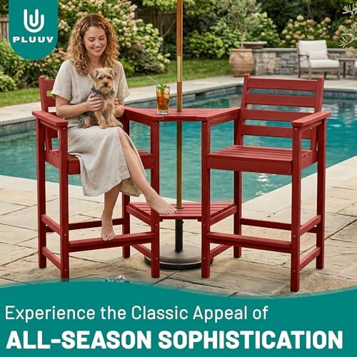 PLUUV Tall Adirondack Chairs Set of 2 with Double Connecting Side Trays, All-Weather HDPE Bar Height Patio Chairs for Balcony & Poolside, 380 LBs Capacity Heavy Duty Outdoor Furniture, Red