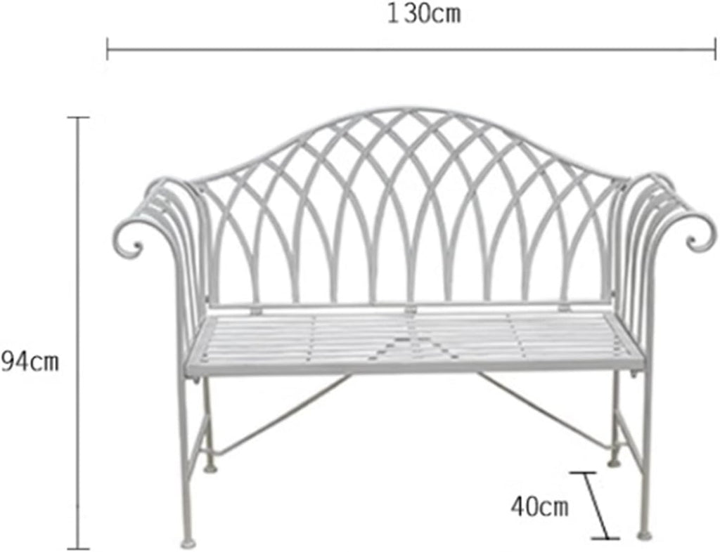Garden Outdoor Bench with Backrest Armrest, Forged Iron 51.1-inch Outdoor Garden Bench, 2-Person Metal Bench Seat(White)