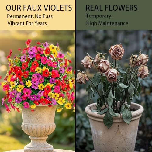 Faux Petunias with Ground Stake, UV Resistant & Waterproof Artificial Flowers, Realistic Fake Flowers for Garden In Ground, Yard, Porch, Planter – Indoor Outdoor Home Decoration (Purple 3 Pcs)