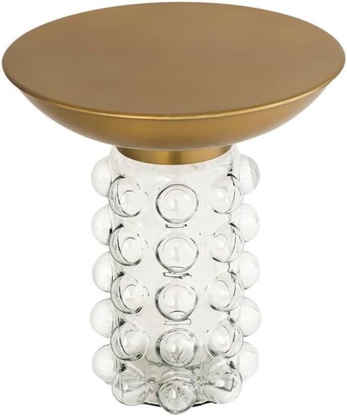 Pemberly Row 19" H Transitional Glass Side Table, Antique Brass Finish, Handcrafted Round Iron Top, Transparent Glass Base Design, Elegant Accent Table for Living Room Use, 17.2" W x 17.2" D