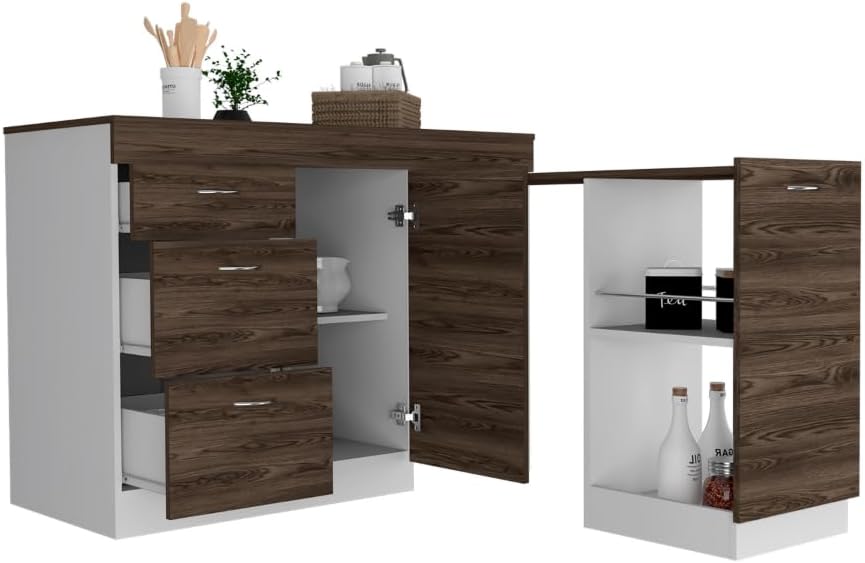 Grecia Kitchen Base Cabinet - 3 Drawers, 2 Shelves, White/Dark Walnut - Expandable Counter Space