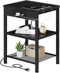 Small Side Table with Charging Station, 3-Tier Adjustable Nightstand with Outlets and USB Ports for Living Room Bedroom, Black Metal End Table for Small Spaces