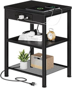 Small Side Table with Charging Station, 3-Tier Adjustable Nightstand with Outlets and USB Ports for Living Room Bedroom, Black Metal End Table for Small Spaces