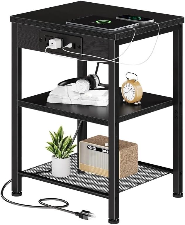 Small Side Table with Charging Station, 3-Tier Adjustable Nightstand with Outlets and USB Ports for Living Room Bedroom, Black Metal End Table for Small Spaces