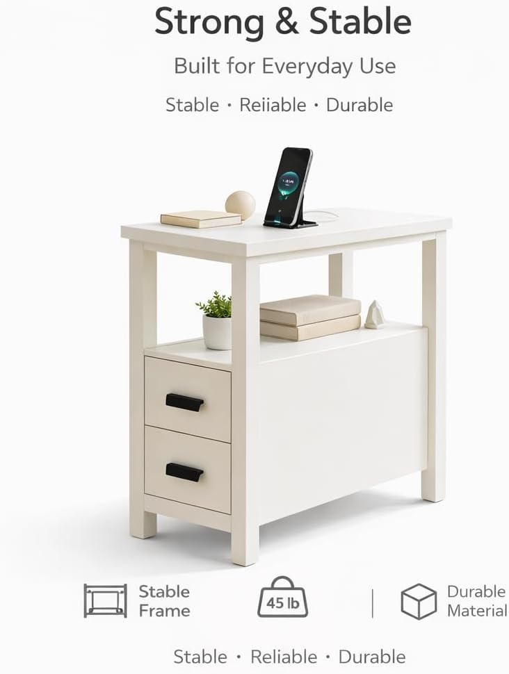 End Table with Charging Station, Nightstand with USB Ports & Outlets, Wood Side Table with 2 Drawers & Storage Shelf for Bedroom,Walnut (White)