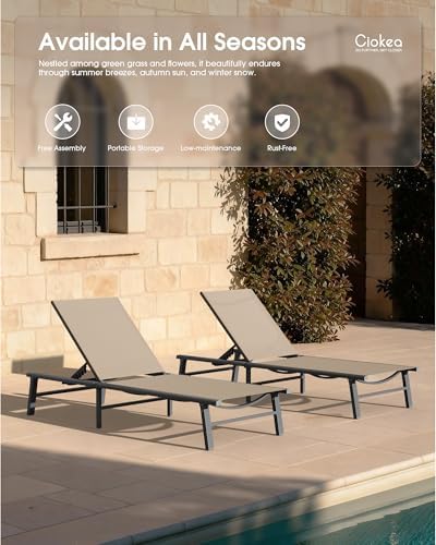 Foldable Outdoor Lounge Chair, No Assembly Patio Chaise Lounge Outdoor with 5-Positions, Aluminum Pool Lounge Chair with Portable Design for Pool, Beach, Deck, Backyard, Khaki
