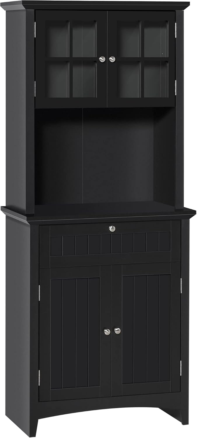 64.5" Kitchen Pantry Cabinet with Hutch,Buffet Sideboard for Coffee Maker & Toaster,Snacks,Spices & Wine Storage Organizer, Fits Kitchen,Dining Room & Coffee Bar,Black