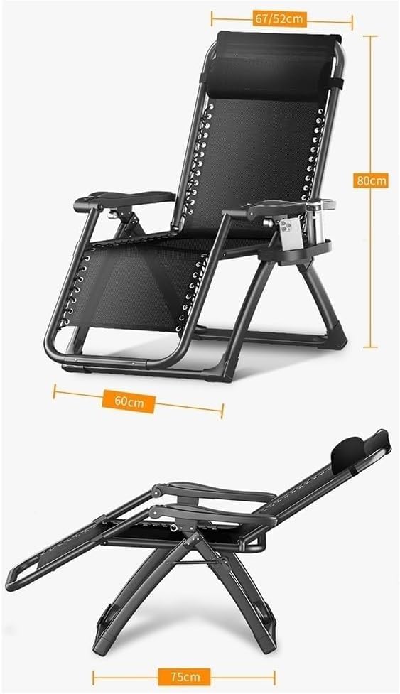 Gravity Lounge Chair Patio Adjustable Sun Lounger Garden Reclining Folding with Cup Holder(Black+Cushion B)