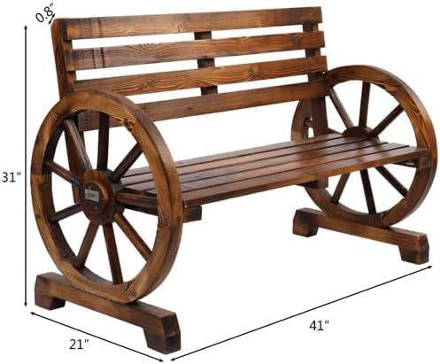 Rustic 2 Person Wooden Wagon Wheel Outdoor Bench, Solid Fir Wood Patio Garden Bench with Slatted Seat & Backrest, Brown Vintage Yard Leisure Chair